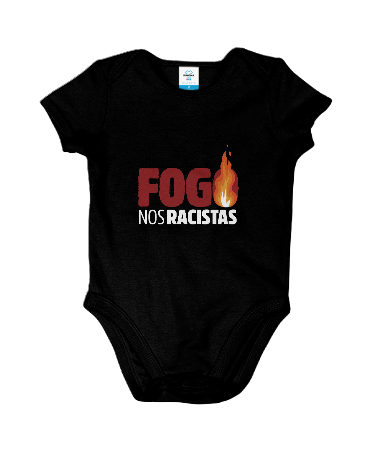 Macacão para bebês cor preta com estampa fogo nos racistas