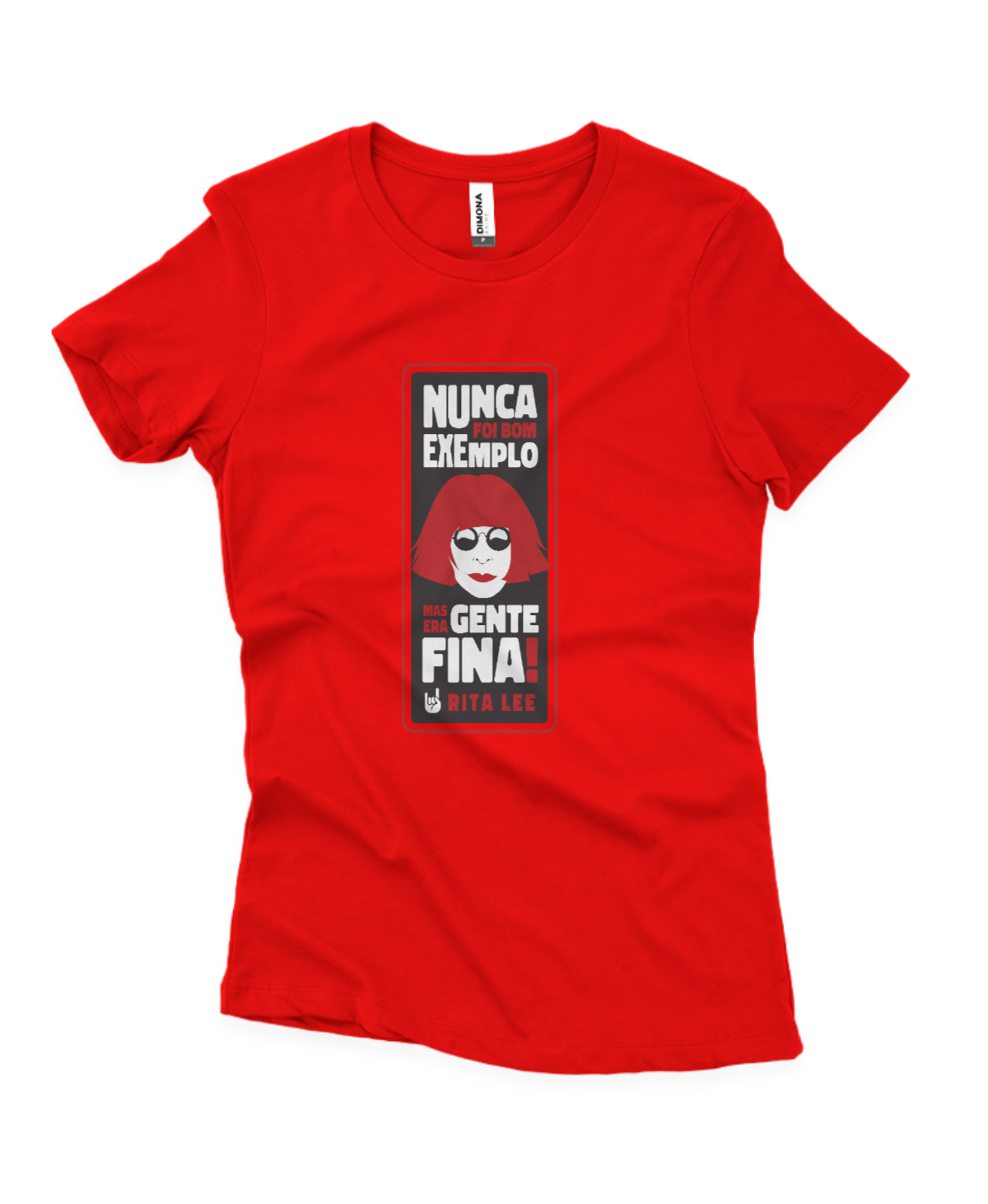 camiseta feminina cor vermelha com estampa da Rita Lee e frase "nunca foi bom exemplo mas era gente fina"
