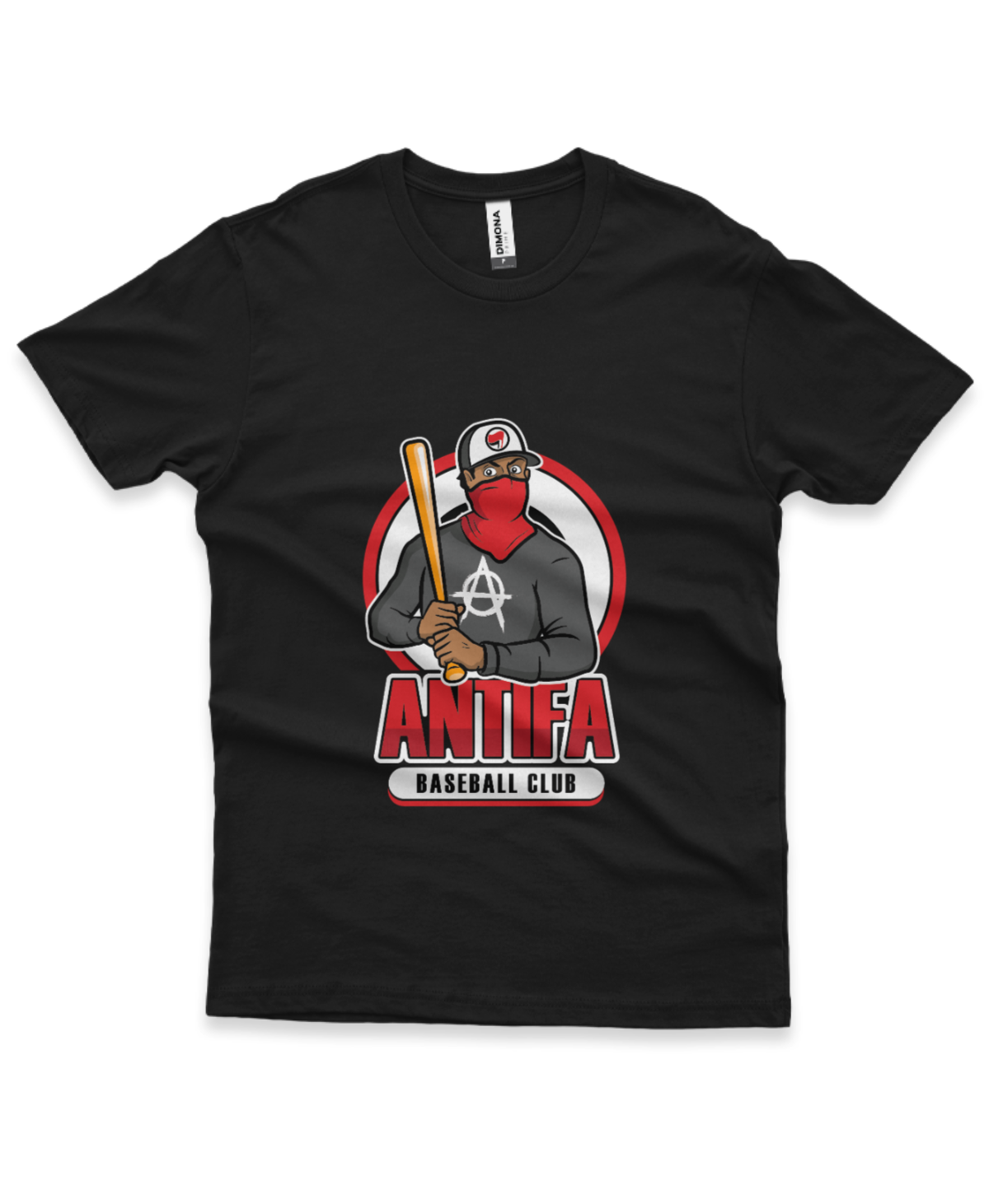 camiseta masculina cor preta com ilustração de homem mascarado e frase antifa baseball club