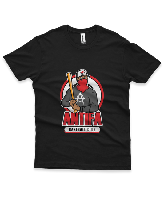 camiseta masculina cor preta com ilustração de homem mascarado e frase antifa baseball club