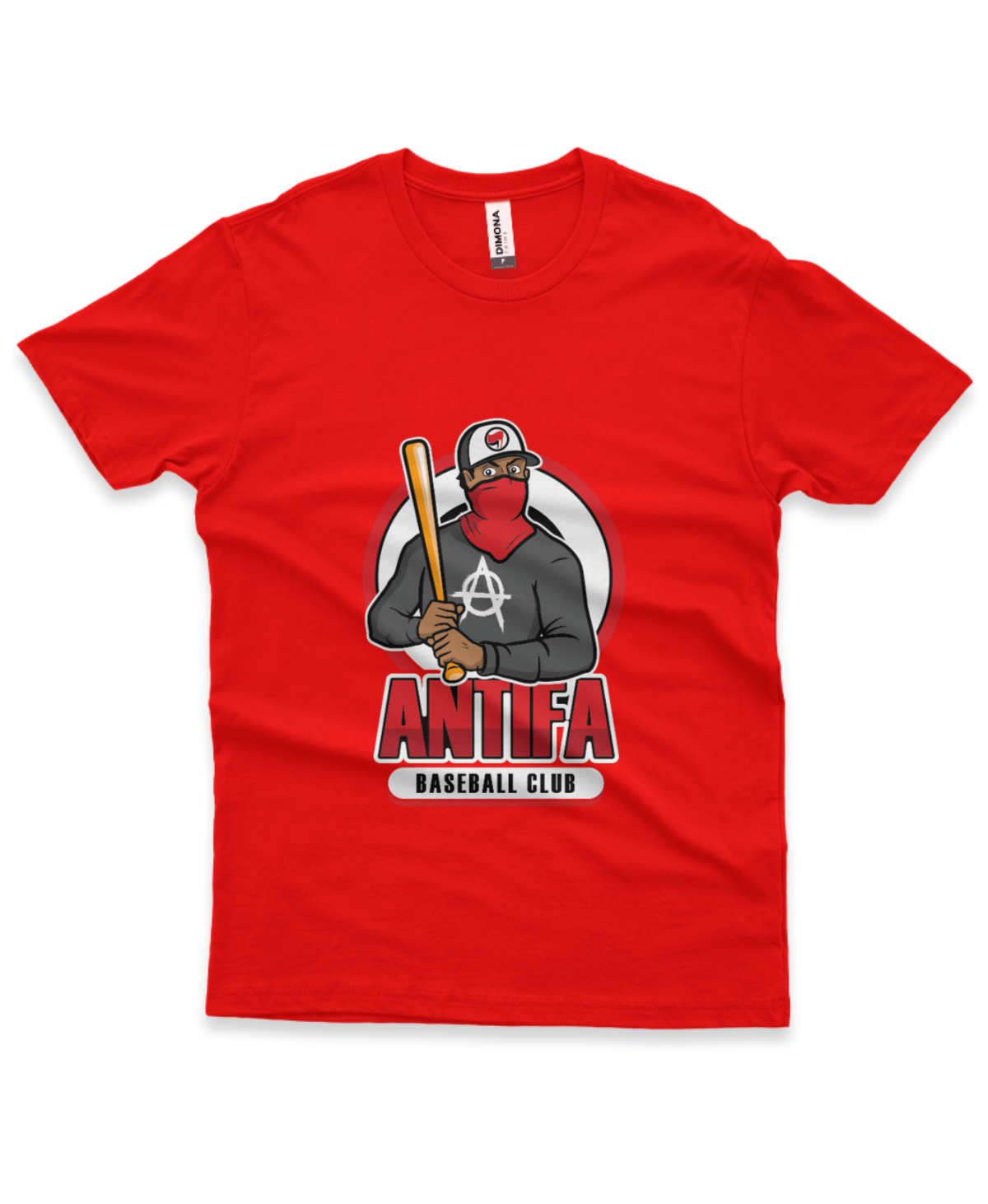 camiseta masculina cor vermelha com ilustração de homem mascarado e frase antifa baseball club