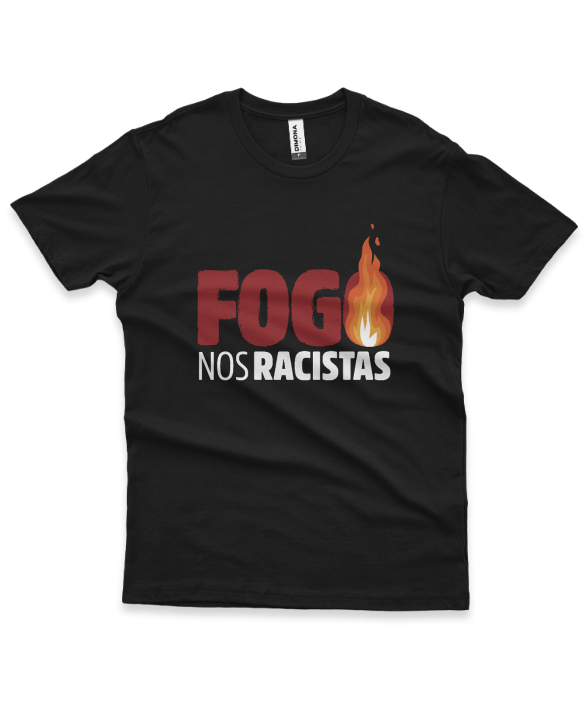 camiseta masculina cor preta com estampa frase fogo nos racistas e ilustração de chamas