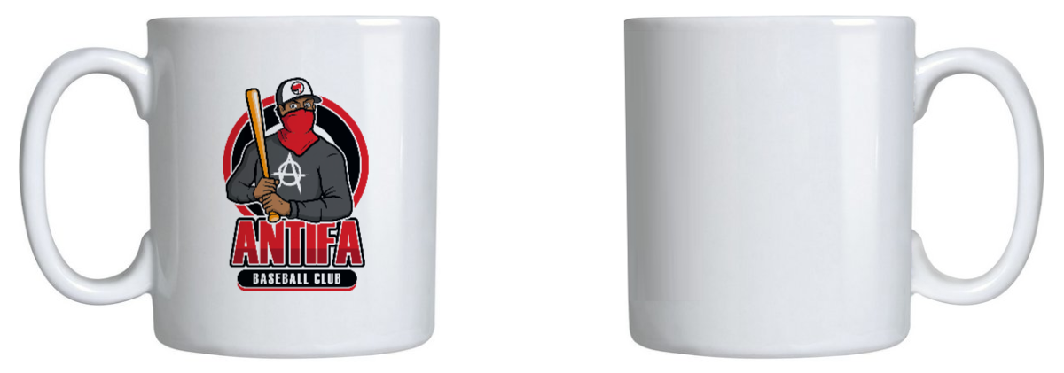 caneca padrao branca frente e verso estampa frase antifa baseball club