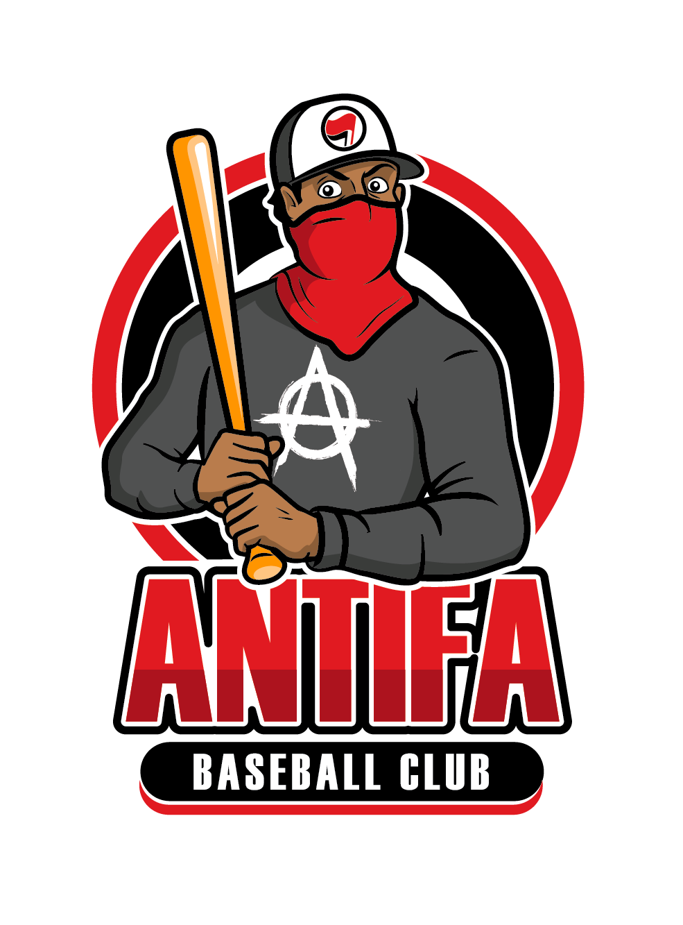 estampa brasão com ilustração de homem mascarado e frase antifa baseball club