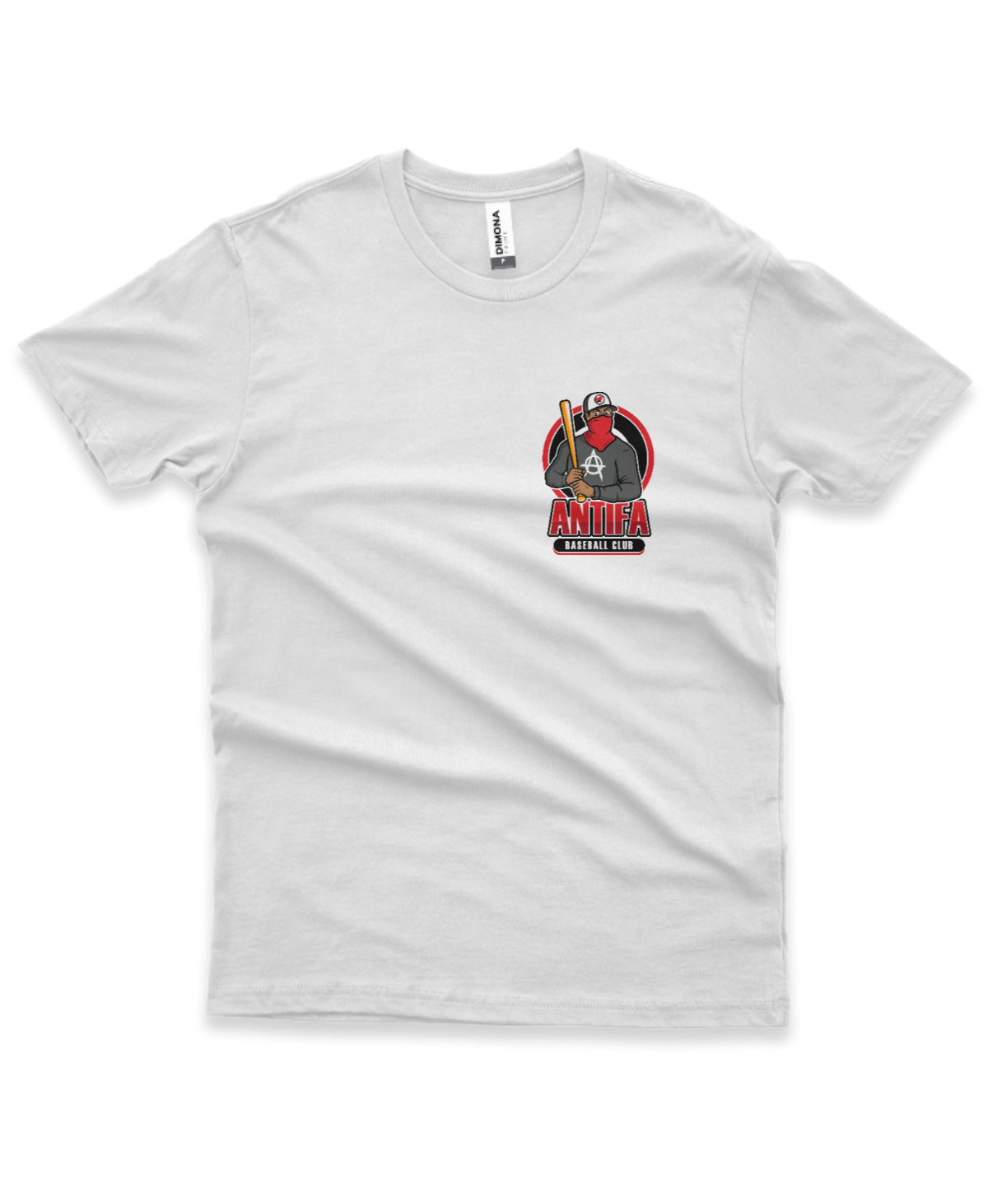 camiseta masculina cor branca com estampa brasão da ilustração de homem mascarado e frase antifa baseball club
