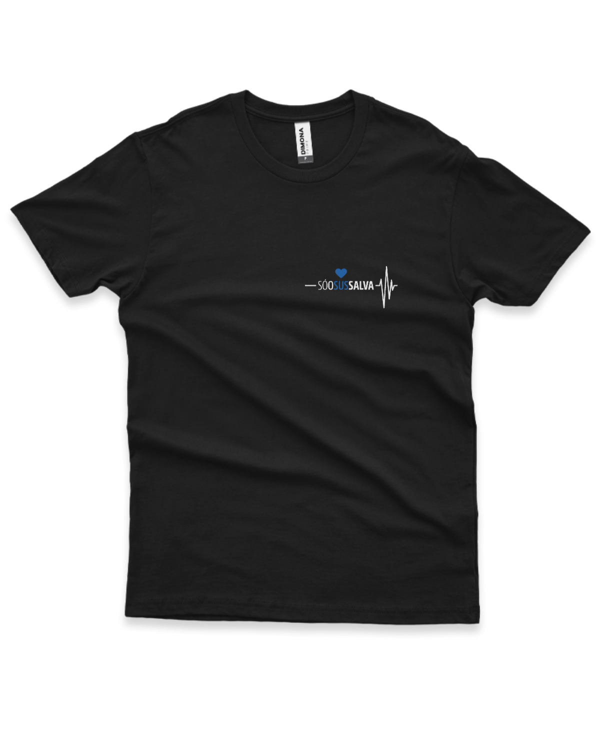 camiseta masculina cor preta com estampa brasão da ilustração de coração e eletrocardiograma e a frase só o sus salva