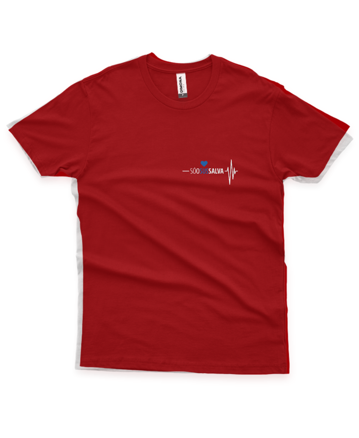 camiseta masculina cor vinho com estampa brasão da ilustração de coração e eletrocardiograma e a frase só o sus salva