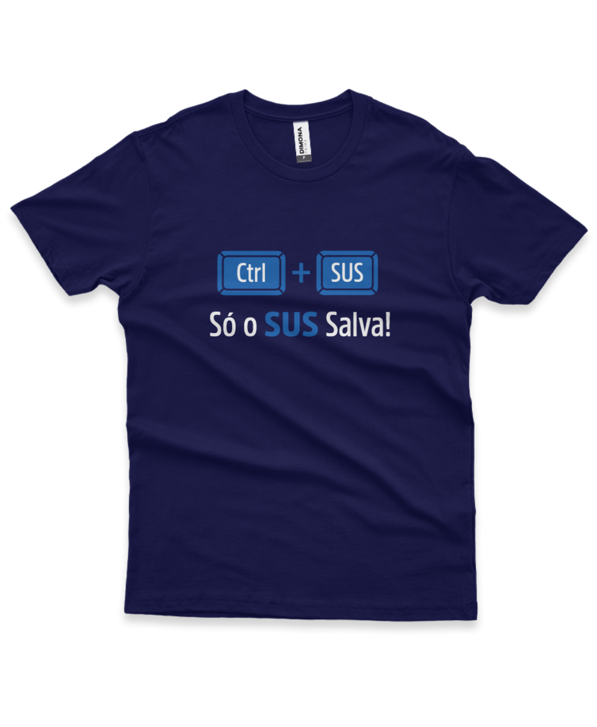 camiseta masculina cor azul marinho com a estampa ilustração CONTROL + SUS e a frase só o sus salva