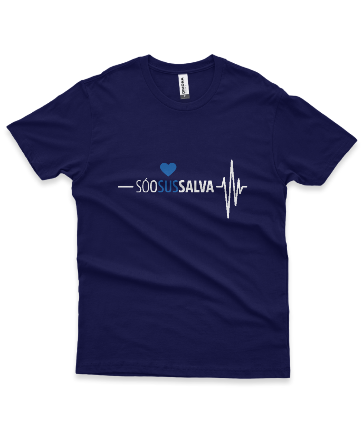 camiseta masculina cor azul marinho com a ilustração de um coração e eletrocardiograma e a frase "Só o SUS salva"