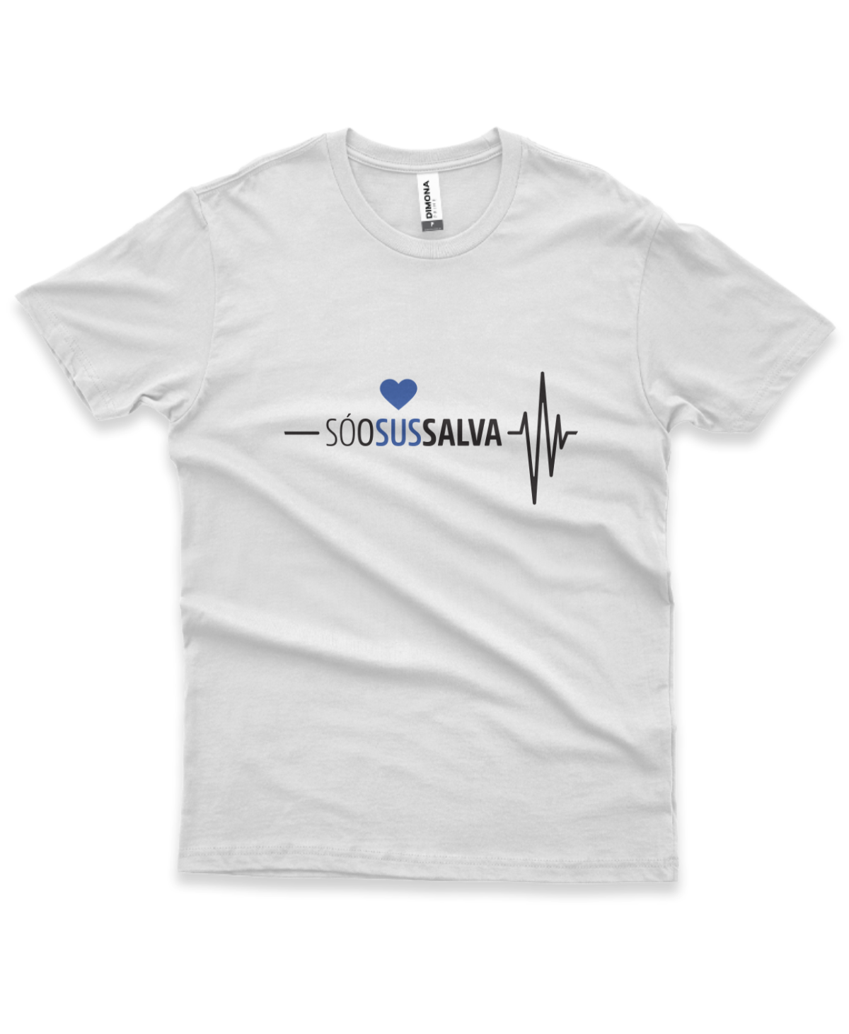 camiseta masculina cor branca com a ilustração de um coração e eletrocardiograma e a frase "Só o SUS salva"