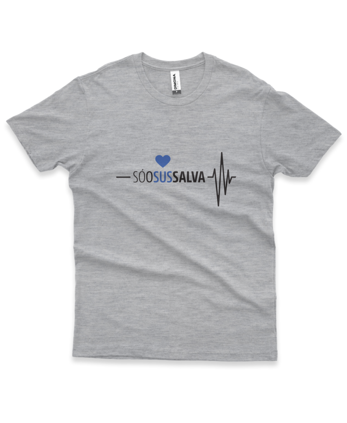 camiseta masculina cor cinza mescla com a ilustração de um coração e eletrocardiograma e a frase "Só o SUS salva"