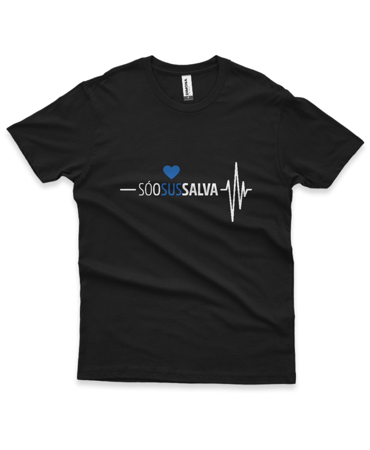 camiseta masculina cor preta com a ilustração de um coração e eletrocardiograma e a frase "Só o SUS salva"