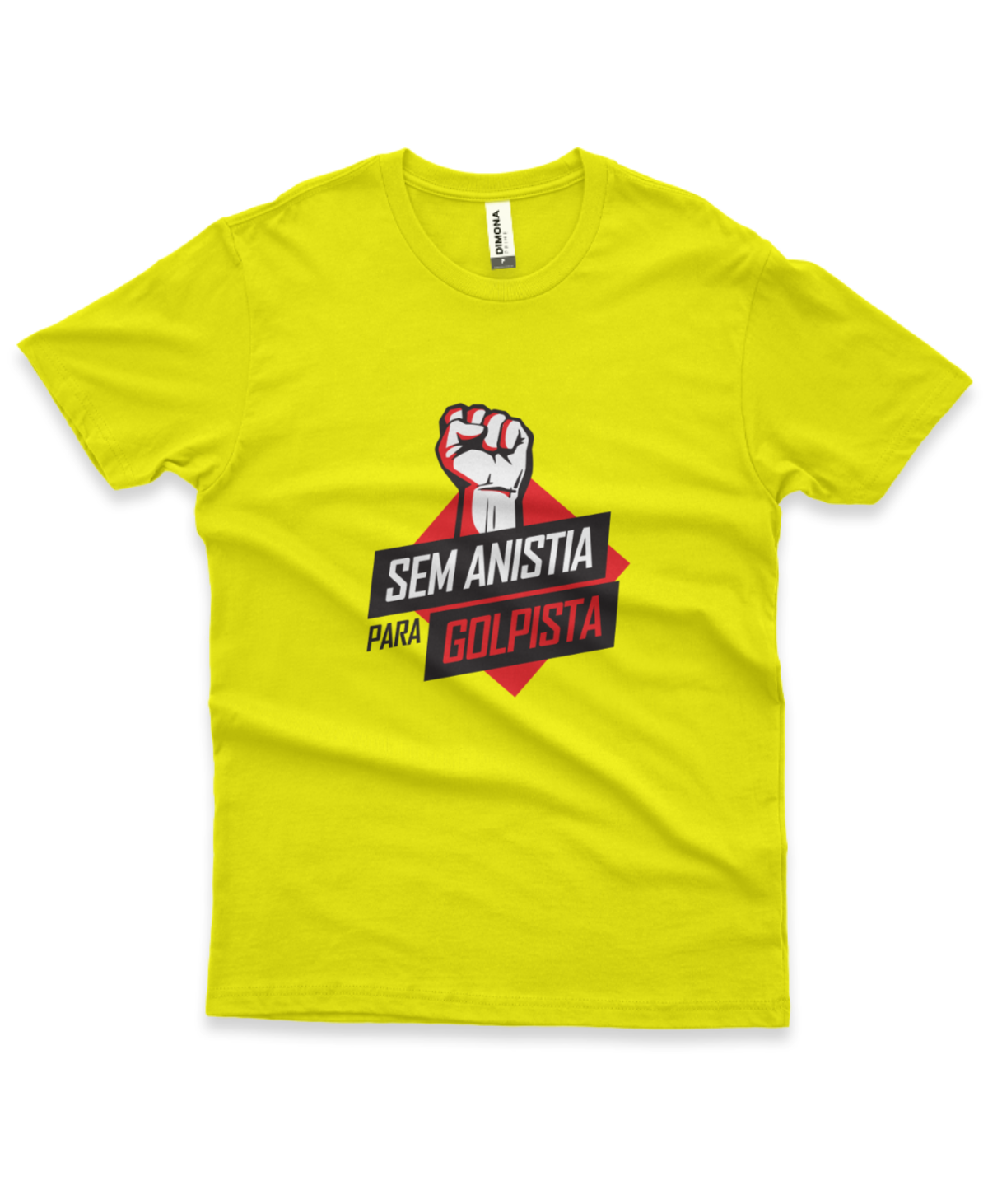 camiseta masculina cor amarelo canário com ilustração da mão fechada em punho como forma de protesto e a frase "sem anistia para golpista"
