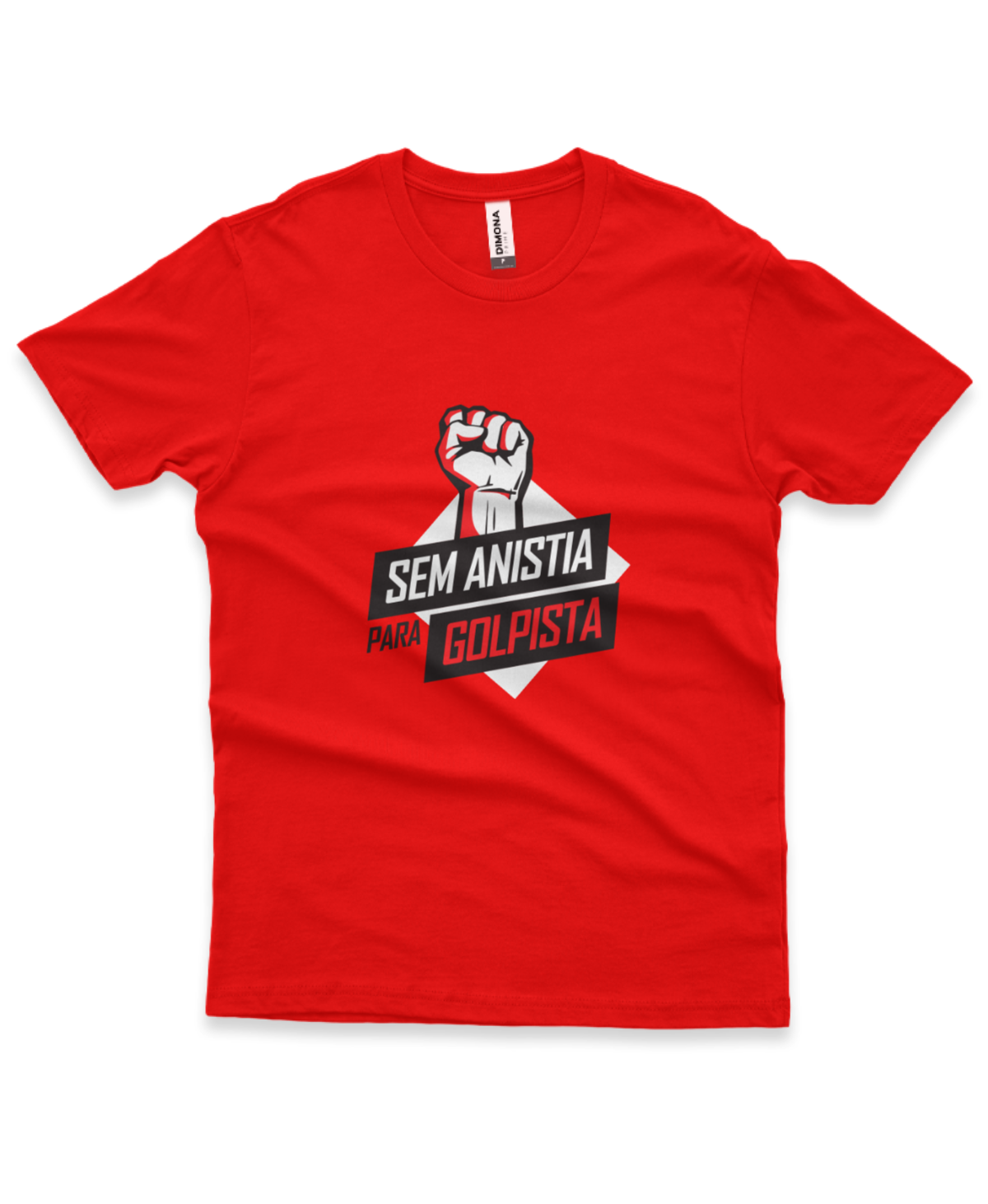 camiseta masculina cor vermelha com ilustração da mão fechada em punho como forma de protesto e a frase "sem anistia para golpista"